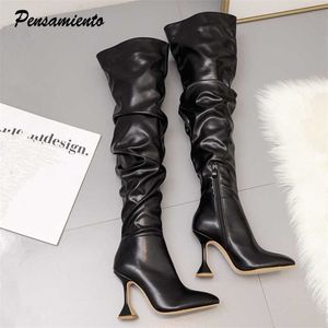 Runway style Women thigh high boots Fashion loose folds designer High heels Over the knee Autumn Winter Leather 211105