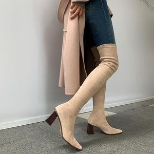 Dress Shoes Autumn Winter Net Red Pointed Square Head Thin Legged Elastic Boots Sleeve Over Knee Thick Heel Knight