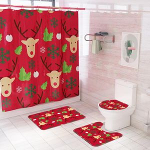 Tappeti Stampa natalizia Tenda da doccia impermeabile per uso domestico Panno in poliestere Bagno Set di quattro pezzi