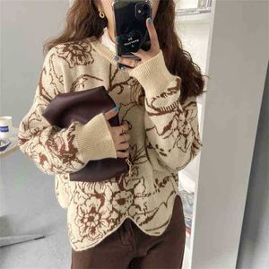 Mulheres Chic Moda Irregular Retro O-Neck Knitwear Floral Impressão Sweater Soft Corean Top 210525
