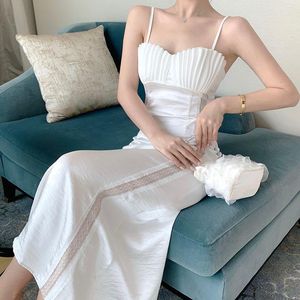 Satin Maxi Weiß Sexy Ärmelloses Kleid Frauen Lange Strand Shell Design Spitze Patchwork Vestidos