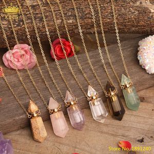 Delikat Crystal Essential Oil Diffufer Smycken Vit Rosa Amethysts Quartz Hexagonal Perfume Bottle Pendant Halsband Kvinnor