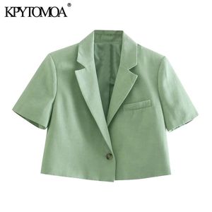 KPYTOMOA Women Fashion Single Button Linen Cropped Blazer Vintage Shorts Sleeve Female Outerwear Chic Veste Femme 211116