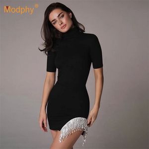 Sexy Diamond Tassel Bandage Dress Women Short Sleeve High Neck Bodycon Club Evening Party Vestidos Summer 210527