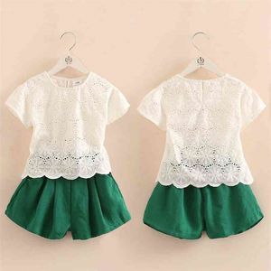 Summer 2-6 8 10 12 Years Cute Kids Hollow Out Embroidery Flower White T-Shirt+Green Shorts 2 Pcs Girls Tracksuit Cotton Set 210701