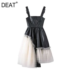 【Deat】春の夏の黒いPUレザーAラインスプライシングハイウエスト不規則ネット糸ドレス女性ファッション13C419 210527