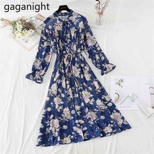 Chiffon Spring Sashes Floral Print Dresses Plus Size Butterfly Sleeve Bow Slim Pläted Robes Office Lady Vestidos 210601