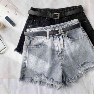 Ailegogo Summer Women High Waist Hole Blue Denim Shorts Casual Female Solid Color Frayed Black Jeans With Belt 210724