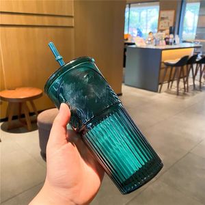 Dark Green Straw Cup Mugs Designer Glass Straws Cups 550ml Large Capacity Water Bottles Gift