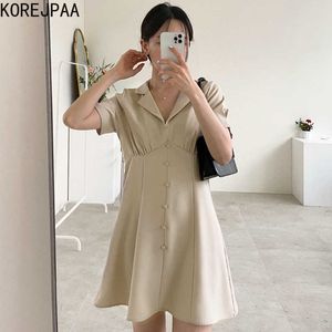 Korejpaa mulheres vestido verão coreano elegante temperamento terno de terno queda de colarinho único-breasted cintura fina sopro manga vestidos 210526