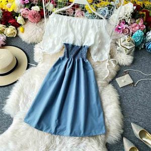 サマーシフォンパッチワークドレス女性スリム半袖ショルダーセクシードレスvestidos Mujerレディースカジュアルローブ210525