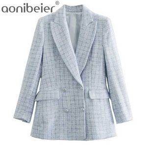 Aonibier Light Blue Women Fashion Double Breasted Kieszenie Płaszcz Kobiet Odzież Odzieży Office Lady Jacket Suit Urban Workwear 211006