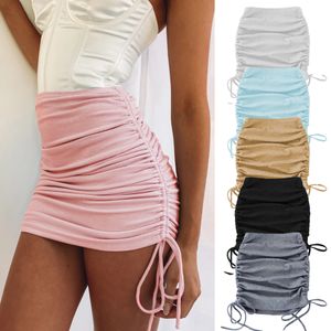 Fashion Sexy Knitted Thread Bag Hip Skirt Slim Side Drawstring Elastic Pleated Adjustable Skirt Autumn Women's Clothing 210225