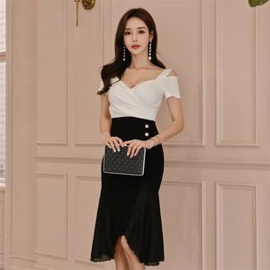 irregular dress Black koreanladies Sexy Short Sleeve V neck office Party Dresses for women clothing 210602