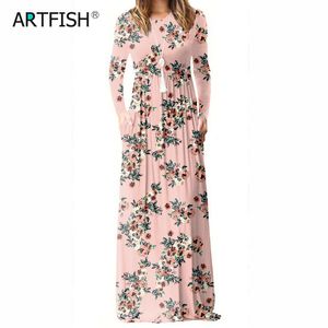 Женщины с длинным рукавом Maxi Длинные платья Femme Летнее цветочные напечатанные A-Line платье женские Boho Beach Sundress Pockets Plus Размер GV083 210306