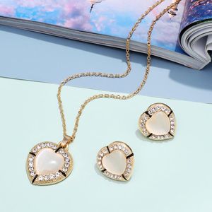 Earrings & Necklace Fashion Opal Stone Jewelry Set Heart Water Drop Pendant Stud For Women Gold Color Wedding Bridal