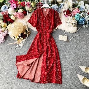 Корейский красный элегантное сексуальное платье женщины 2021 летняя осень V-образным вырезом в горошек MIDI платье талии сплит платье Vestidos de Fiesta одежда 210306