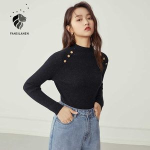 FANSILANEN Lurex shiny elegant black pullover top Women button slim purpel knitted sweater Female autumn winter vintage jumper 210607