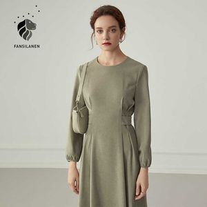 FANSILANEN Knitted pleated green long vintage dress Women sleeve belt elegant Autumn winter french sexy party es 210607