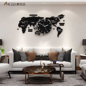 Meisd Punch-Free Large World Map Diy Stickers Wall Clock Quartz Watch Mute Modern Självhäftande design Horloge Art 220115