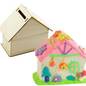 100pcs DIY Party Favor Wood Chalet Coin House Room Mud White Save Money Base Art Decor Children Kid Wooden Crafts Gift Toys