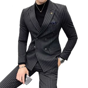 ( Jacket + Pants ) High-end Fashion Striped Men's Formal Double-breasted Business Suit Groom Wedding Dress Mens Suit 2 Piece Set X0909