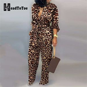 Leopard bundet midja långärmad jumpsuit kvinnor rompers mode overalls casual jumpsuits streetwear drop 211119