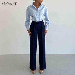 Mnealways18 Pantaloni da lavoro da ufficio da donna blu navy Pantaloni dritti a vita alta pieghettati di classe da donna invernali con tasche 211124