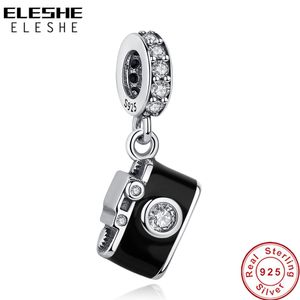 ELESHE Authentic 925 Sterling Silver Bead Black Enamel CZ Camera Dangle Charm Fit Original Bracelets Pendant DIY Jewelry Q0531