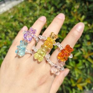 Koreanska Söt Färgrik Bär Ring Trendiga Transparent Akryl Beaded Elastiska Ringar För Kvinnor Flickor Party Smycken Gåvor