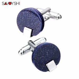 SAVOYSHI High Quality links for Mens Shirt buttons Round Blue Star Stone Cuff link Gift Men Jewelry engraving name