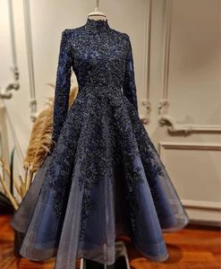 2022 Plus Size Arabic Aso Ebi Navy Blue Luxurious Muslim Prom Dresses Lace Beaded Evening Formal Party Second Reception Gowns Dress ZJ345