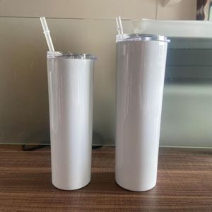 20oz sublimering raka tumblers blank mager glänsande tumbler med strån lådor rostfritt stål Vit vattenflaska Dubbelvägg Vakuumisolerade koppar