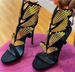 Sexy preto camurça ouro ouro folha sandálias de asa 120 mm stiletto saltos verão mulher gladiador fivela cinta corta sapatos de festa