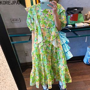 コレスパアの女性のドレス韓国のシックなレトロな甘い丸襟プリント木の耳ステッチ緩いバブルスリーブラージスイングドレス210526