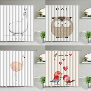 Cartoon Zwierząt Prysznic Zasłona Zestaw Cute Alpaca Sowa Flamingo 3D Drukowanie Wodoodporne Dzieci Łazienka Home Decor Wiszące Zasłony 211116