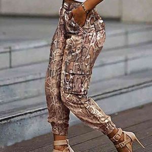 女性ファッションカジュアルパンツ女性ズボンスネークスキンプリントポケットデザイン縛られたカフカーゴパンツカジュアルパンツ210716