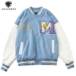 Aolamegs Furry Big Letter Daisy Flowers Patch Leather Patchwork Baseball Jacket Men Autumn College Style Bomber Jackets Coat Men 210928