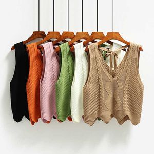 여성 솔리드 V 넥 니트 조끼 패션 백리스 나비 민소매 스웨터 가을 겨울 한국어 한국어 달콤한 세련된 짧은 양복 조끼 210526