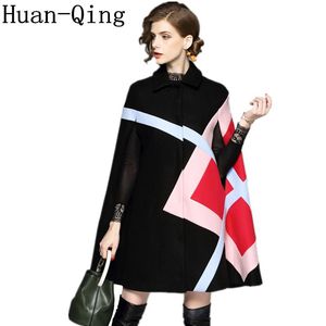 Women's Wool & Blends High Quality Autumn Winter Women Turn-Down Collar Poncho Cloak Woolen Coat Vintage Patchwork Batwing Sleeve Tweed Cape