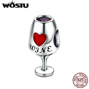 Wostu Real 100% 925 Sterling Silver Unique Wine Cup Hot Röd Hjärta Pärlor Fit Original Charm Armband Smycken Gift CQC788 Q0531