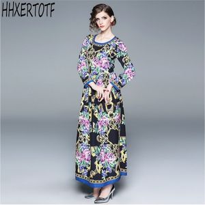 Spring Fashion Designer R Maxi Dres Långärmad O Neck Vintage Tryckt Elegant 210531