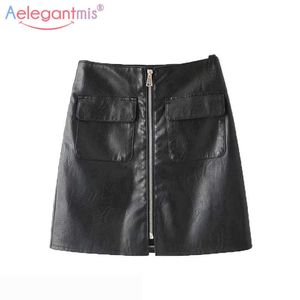AELEGANTMIS女性夏の黒いPUレザースカートエレガントなハイウエストジッパーミニレディースカジュアルスリムAラインショート210607