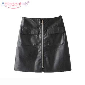 Aelegantmis Kobiety Lato Czarny PU Skórzana Spódnica Elegancka Wysoka Talia Zipper Mini Ladies Casual Slim A-Line Krótki 210607