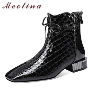 Meotina Crystal Real Free Free Mid Cable Boots Boots Женская обувь квадратный носок густые каблуки на шнуровке Zip короткие сапоги леди осень зима 210608