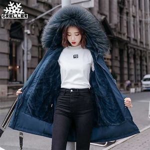 GRELLER Plus Size 6XL Warm Fur Lining Long Parkas Winter Jacket Women's Clothing Medium Hooded Coat Women 211018