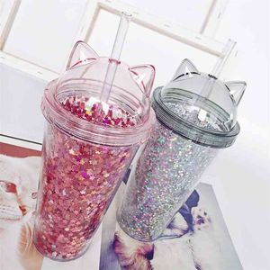 Sequined A Free Water Bottle with Straw Plastic Flash Cat Ear Double Wall Drinking Coffee Juice Cup 210908