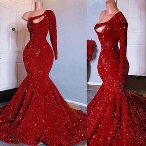 2022 Bling Sexy Dark Red Sequins Lace Evening Dresses Wear One Shoulder Keyhole Mermaid Sequined Prom Dress Formal Särskilda tillfällen Klänningar