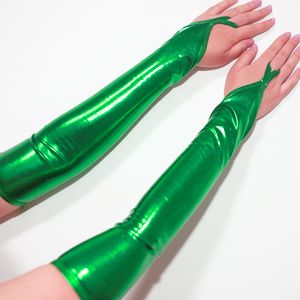 Guanti senza dita metallizzati sexy da donna azzurro cielo Lunghezza gomito verde Accessorio per club di ballo di ballo per feste Guanti lunghi da notte lucidi