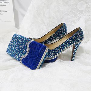 Sapato social azul royal casamento cristal multicolorido com bolsas masculinas moda feminina e conjunto de bolsas plataforma alta mulher